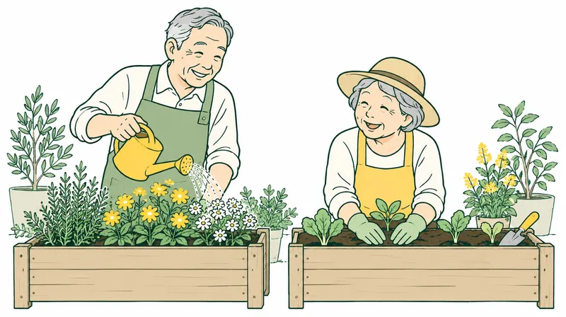 Two older Japanese adults enjoying gardening in raised planters together, one holding a small watering can, the other planting seedlings, dignified cheerful faces.