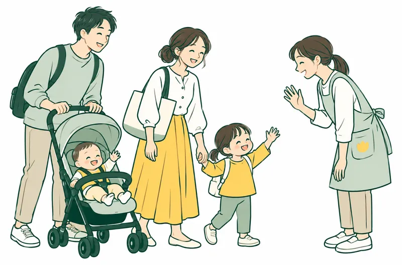 Two Japanese parents together with a small child and a baby stroller, warmly greeting a nursery caregiver. Relaxed everyday childcare scene, inclusive family support.