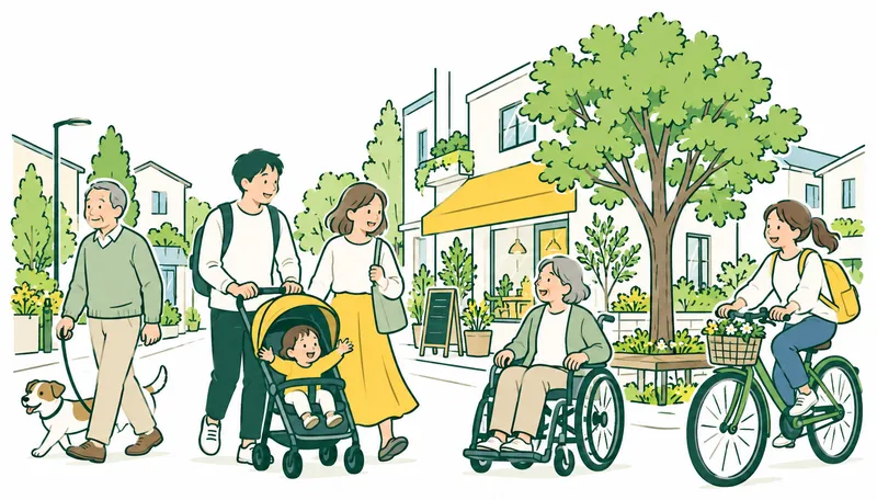 A lively but uncluttered Japanese neighborhood vignette: older adult walking, parent with child, wheelchair user, a cyclist, low-rise shop and a tree. People in everyday peaceful activities.