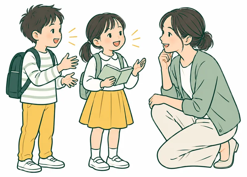 A Japanese primary school teacher kneeling at eye level, listening to two school children sharing their ideas, one holding a small open notebook. Gentle dialogue and attentive facial expressions.