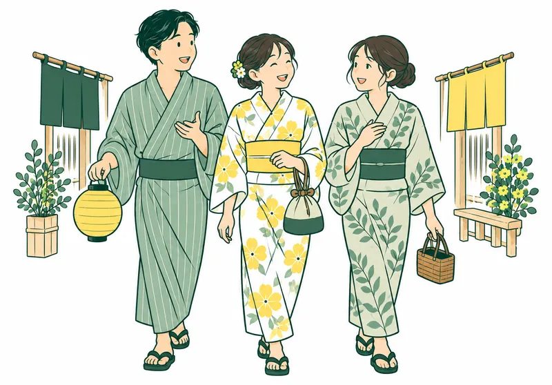 A warm Japanese neighborhood festival scene: adults in casual summer yukata walking cheerfully along a lantern-lit alley.