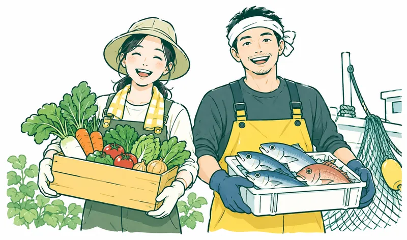 A Japanese farmer holding a crate of vegetables beside a Japanese fisher with a small crate of fish. Both proud and friendly, small hints of crop leaves and a fishing net, clean uncluttered.