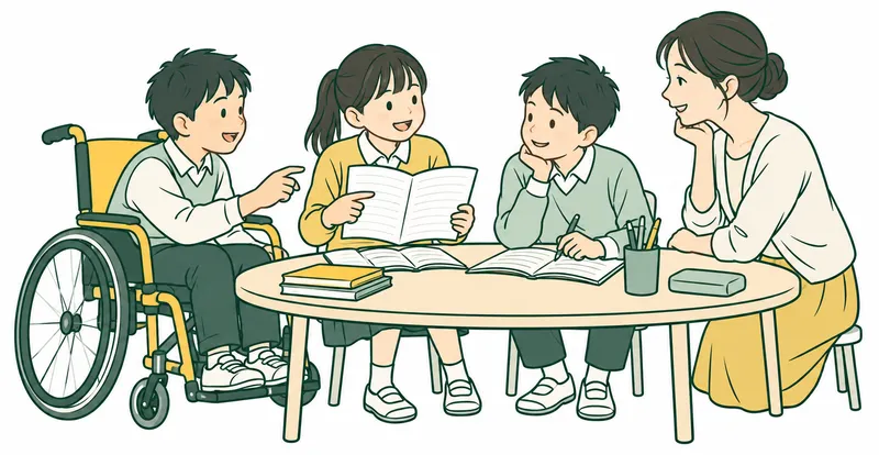 Three Japanese school children learning together around a low table with books: one child using a wheelchair, another sharing a notebook, a teacher listening. Respectful, active participation.