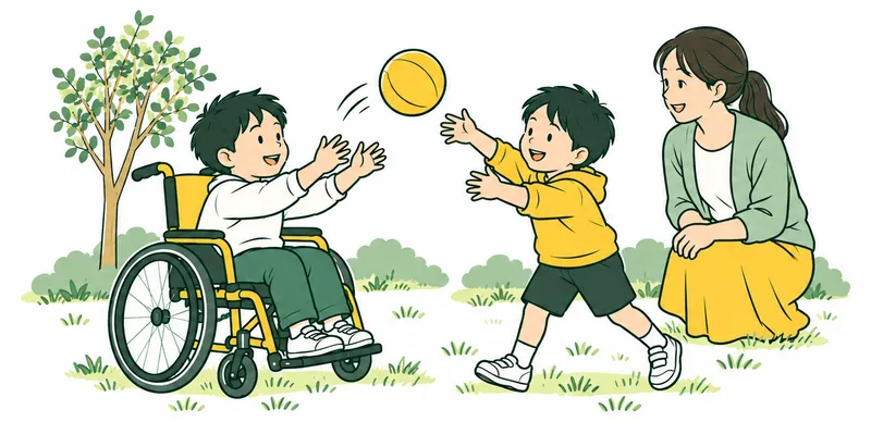 A Japanese park play scene: a child in a wheelchair laughing and catching a ball from another standing child, a young parent watching warmly nearby.