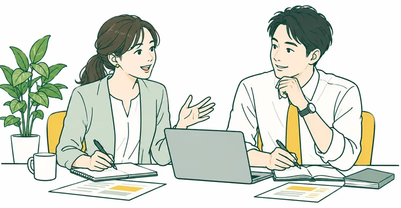 Two Japanese working adults, a woman and a man, discussing a project at a shared desk with laptop and notebook, a modest local office plant. Equal professional roles.