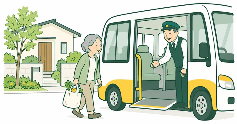 An elderly Japanese resident holding a shopping bag near a small accessible neighborhood shuttle bus, greeted by a friendly driver, a low-rise home and a small tree. Independent local daily life.