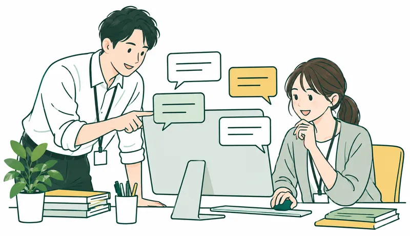 Two Japanese civic staff members working together at a desktop screen to organize residents' feedback; a few blank rounded speech bubbles arranged near the screen. No writing or charts.