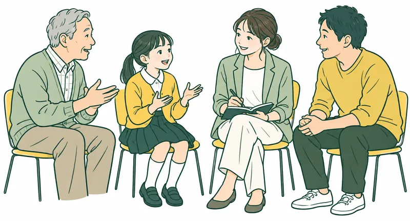A small group of four Japanese residents of different ages, including a schoolchild, seated in a loose semicircle in a neighborhood dialogue meeting, a facilitator listening with a notebook. No stage or campaign symbols.
