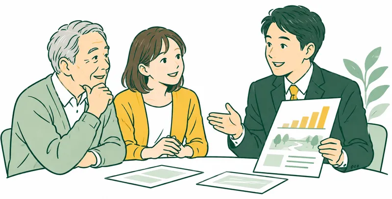 A Japanese male civic representative in a suit presenting a simple progress sheet to two residents, one older and one younger, in an open conversation, no podium or flags, no lettering.