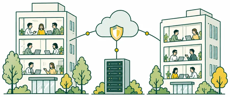 A conceptual Japanese city resilience vignette: two modest modern office buildings connected by a subtle curved line, a small server cabinet, a cloud with a small shield icon. No map, no text, no specific landmark.