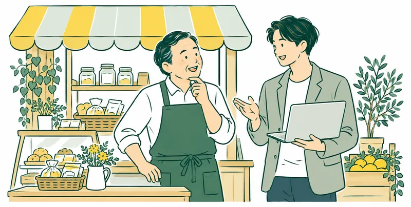 A Japanese neighborhood shop owner in an apron beside a small shop counter, collaborating with a young entrepreneur holding a laptop. Simple awning, no lettering.
