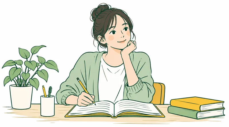 A Japanese young adult studying an open book at a modest desk, pencil and two books, confident calm expression. A small leafy plant.